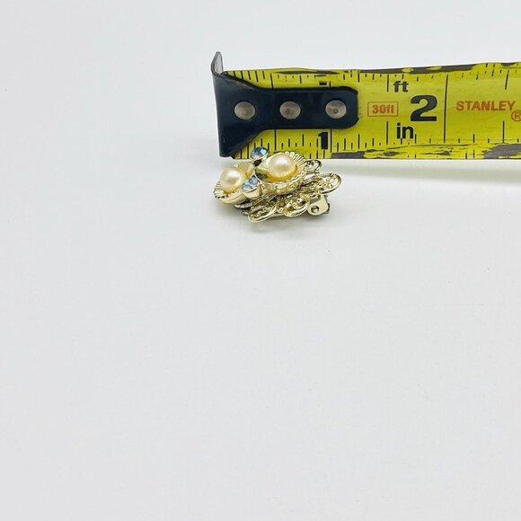 Filigree Faux Pearl Earrings Clip On Aurora Borealis Beads Gold Tone Glam Bling - Picture 3 of 10